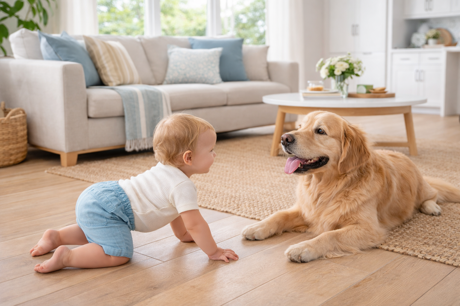 Baby and dog in a clean, family-friendly home